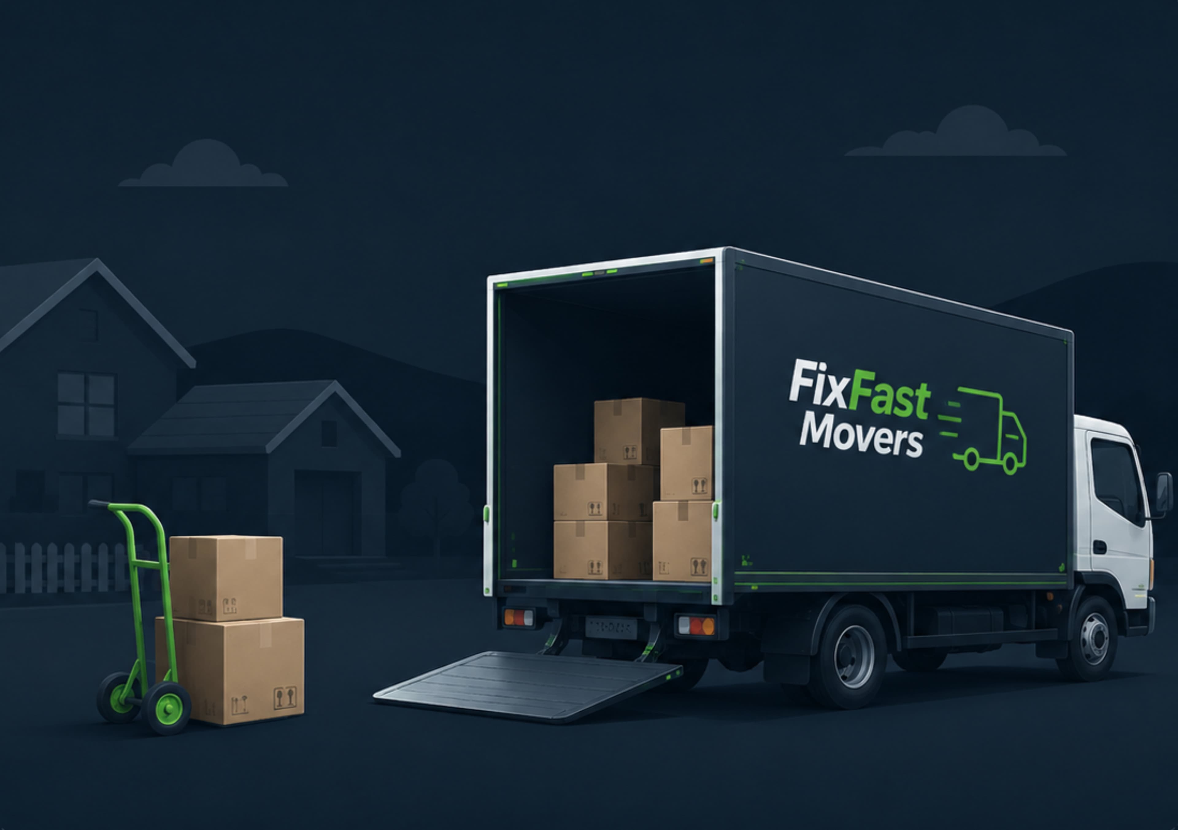 FixFast Movers truck loaded with boxes and a hand truck, ready for a move
