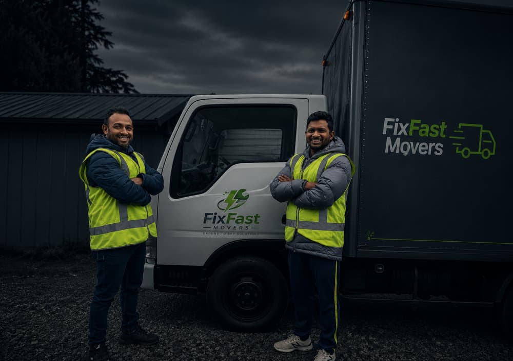 FixFast Movers truck loaded with boxes and a hand truck, ready for a move
